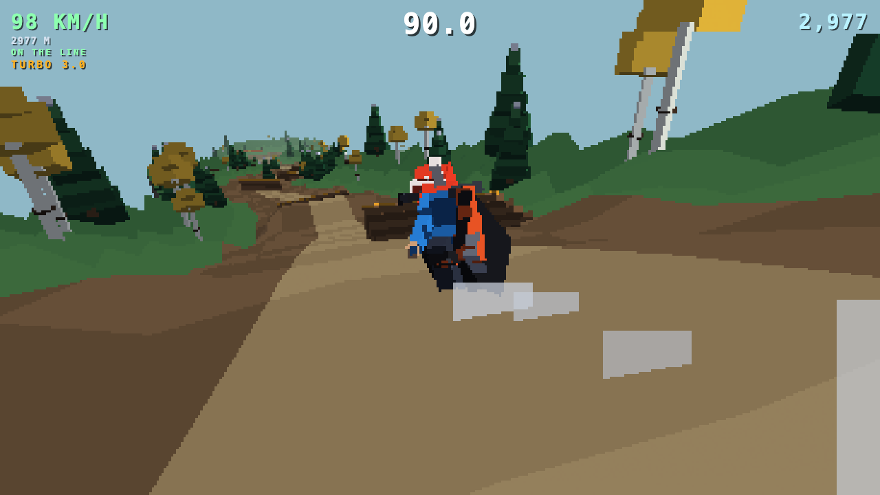 Rider tucked low for extra speed on a dirt trail