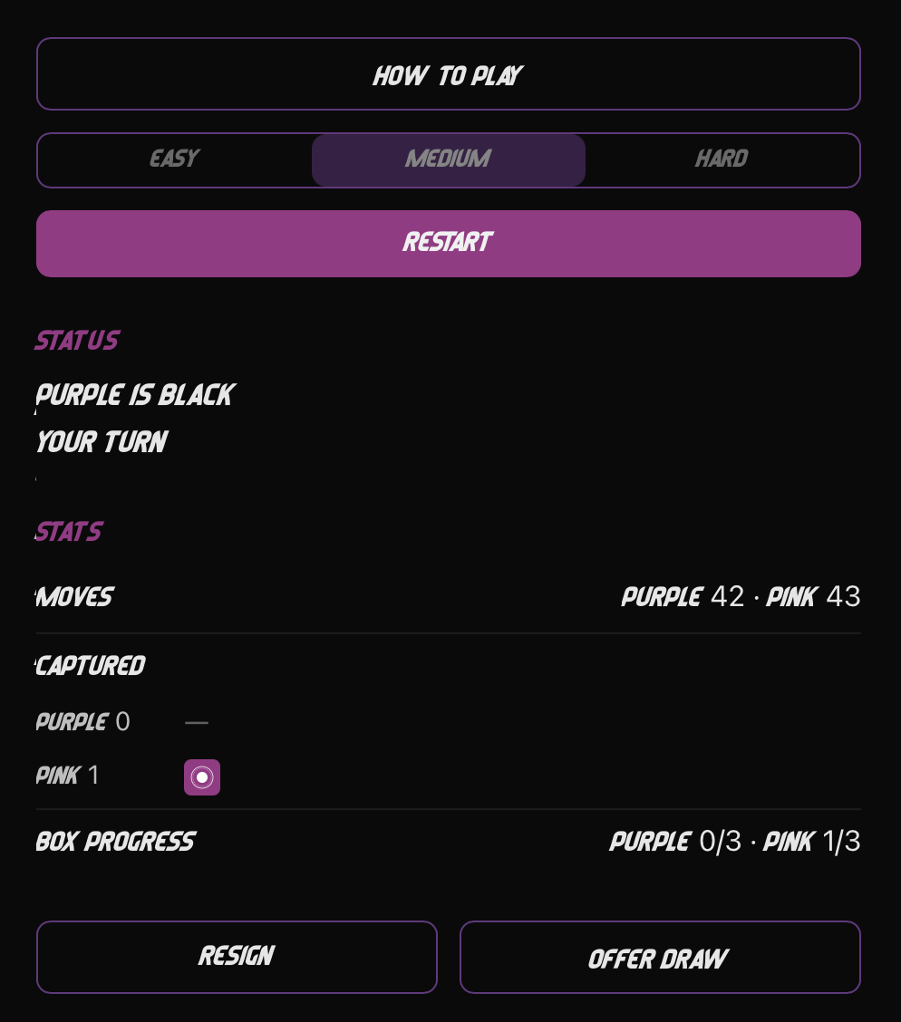 Purple vs Pink controls panel with difficulty settings