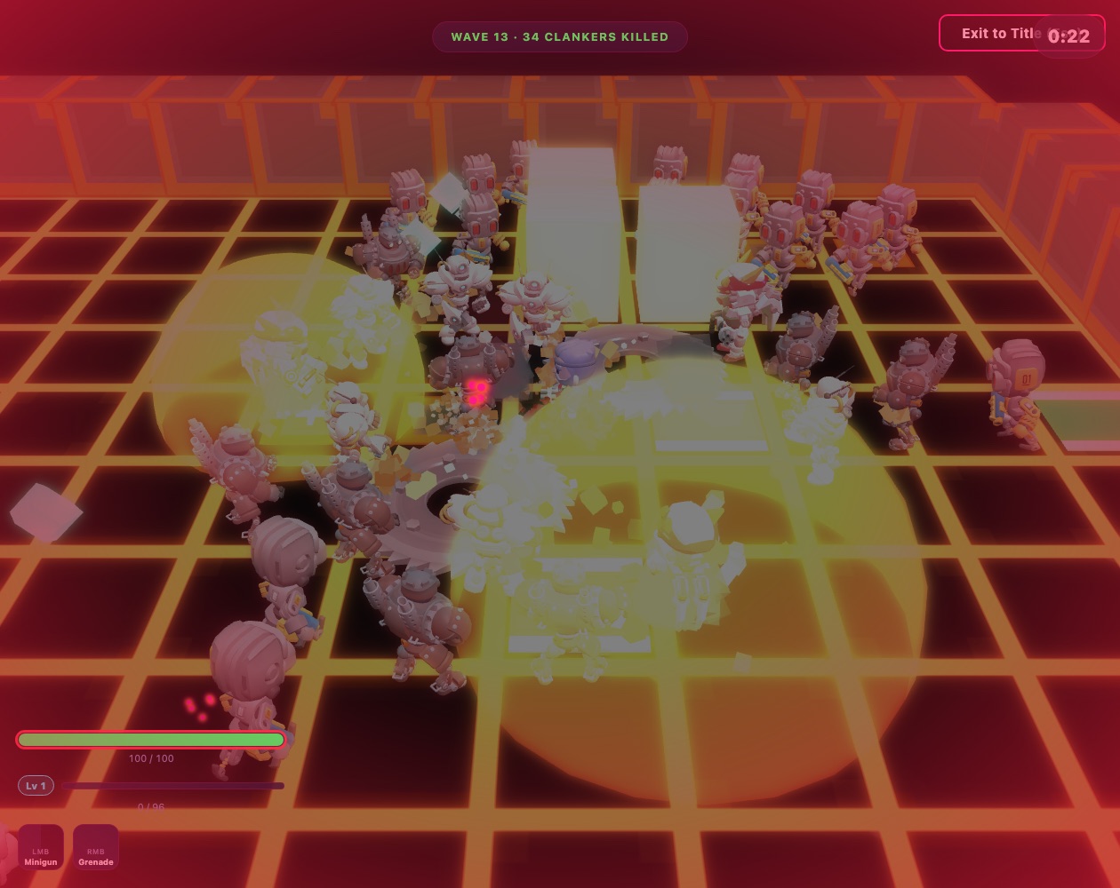 Slop City Avengers gameplay, fighting a horde of clankers