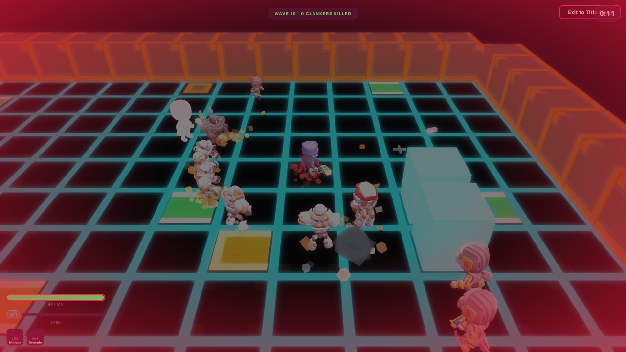 Firefight on a cyan-lit arena floor