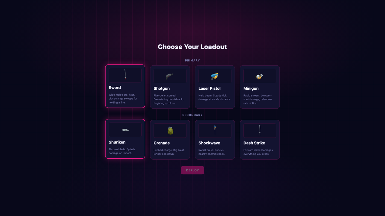 Choose Your Loadout screen with primary and secondary weapons